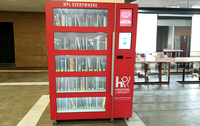 A BOOKLink Kiosk with books inside that can be accessed by touchscreen