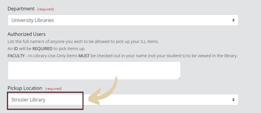 ILLiad profile page showing the Pickup Location field