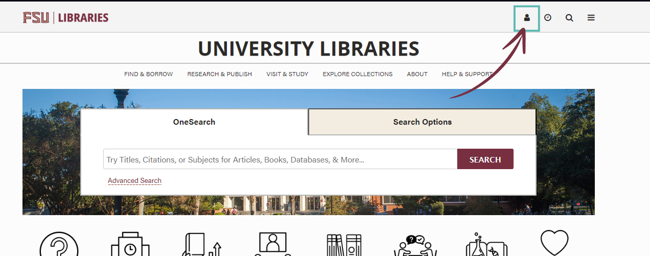 FSU Libraries homepage showing the person icon used to log in