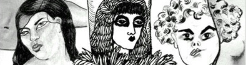 Hand drawn faces in heavy black and white pen - a Hawaiian bartender (Tuk Tit Ti Tong); Coo, a cult of the giant minah bird follower; and gaylord leopardskin.  The characters from a Moustache Mystery by ZIM Founder Dr Abstract - as The Moustache!  The Mystery hold a fourteen nested conditional to give OSCI - off screen character interaction for which a Canadian New Media Awards Programmer of the Year was given.