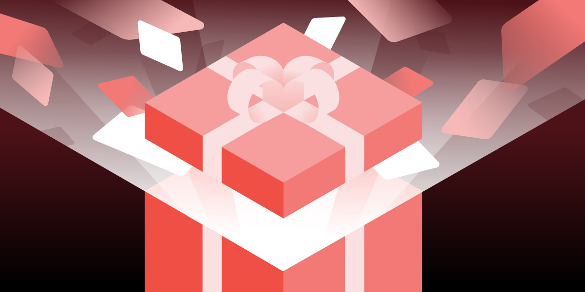 Stylized gift box bursting open with light and abstract shapes, representing holiday marketing ideas and festive creativity.