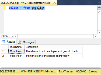Screenshot of running a SQL view in SQL Server 2014