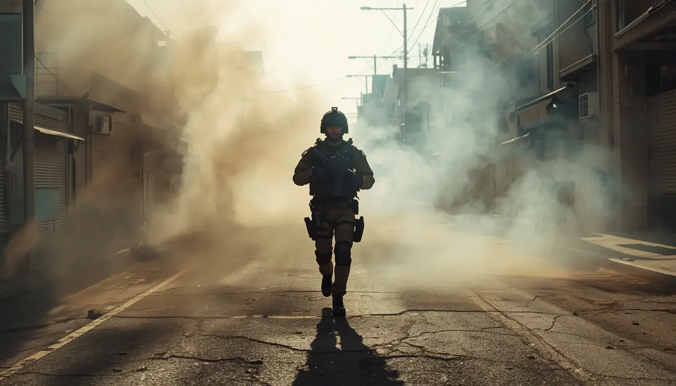 Epic Rainbow Six Siege pictures capturing a lone tactical operator advancing through a smoke-filled urban street with dramatic daylight and gritty battlefield atmosphere. This cinematic rainbow six siege wallpaper works perfectly as an r6 background or siege wallpaper. Ideal for rainbow six wallpaper fans seeking 4k rainbow six siege wallpaper and cool r6 wallpapers for desktop or mobile.