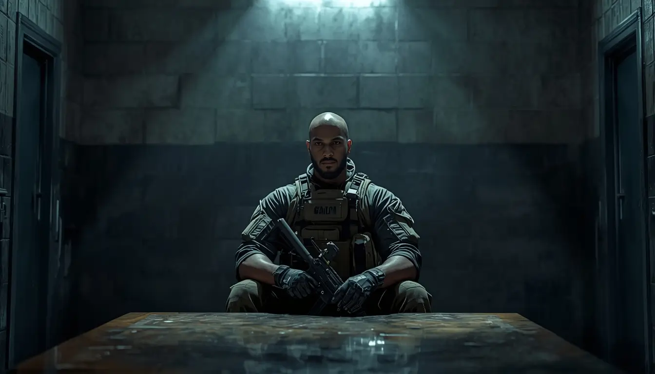 Operator in interrogation room rainbow-six-siege-wallpaper cinematic r6 wallpaper dark tactical gaming background.