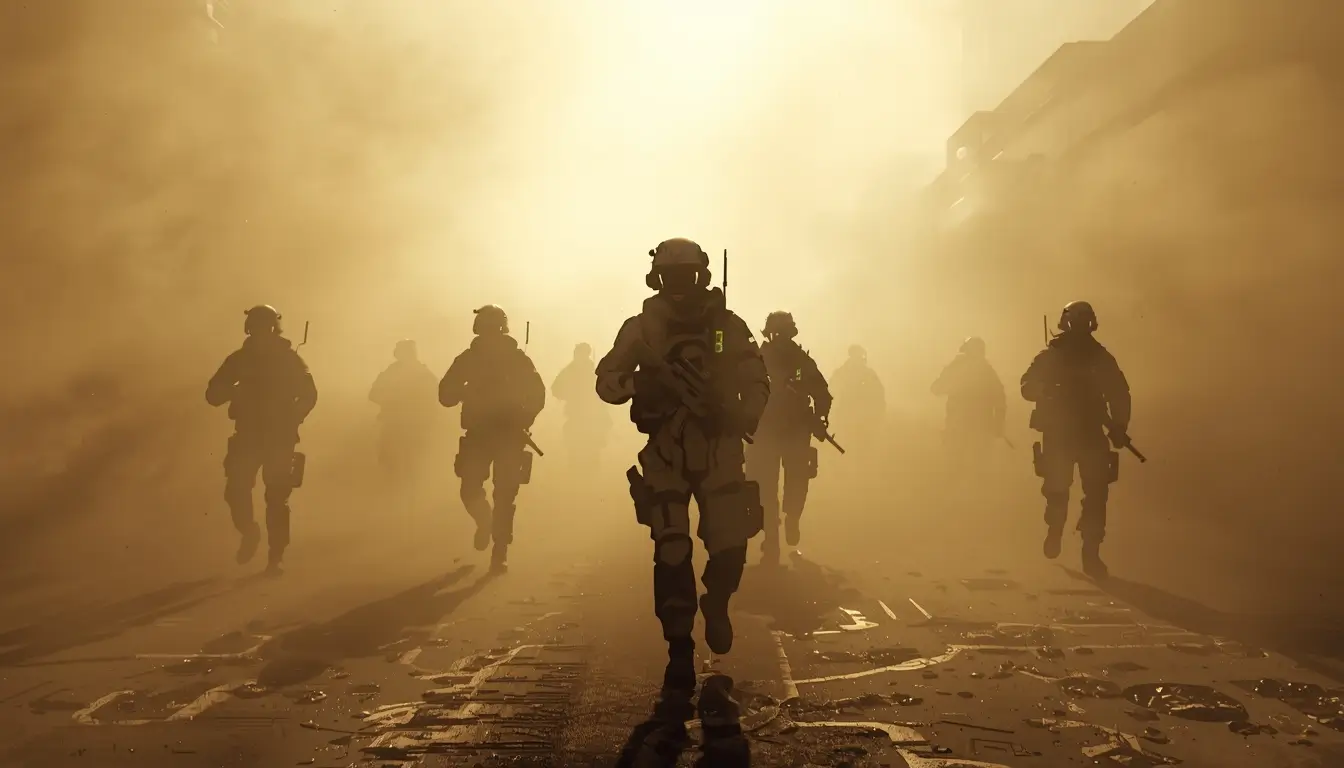 Tactical squad advancing through dust rainbow-six-siege-wallpaper-4k cinematic r6 wallpaper action gaming background.