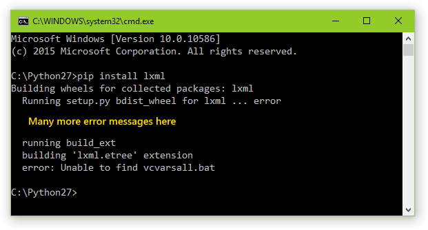Console window showing the 'Unable to find vcvarsall.bat' error.