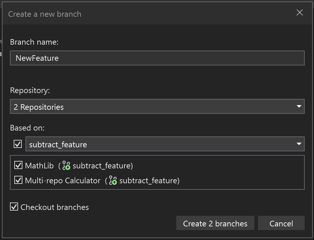 Screenshot of the create new branch dialog demonstrating the creation of a branch across all active repositories at the same time. You no longer need to manually create branches across repositories