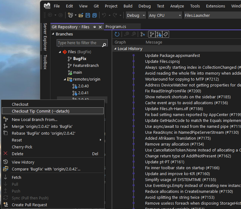 Screenshot of Visual Studio's Git history view demonstrating the ability to checkout the tip of a remote branch