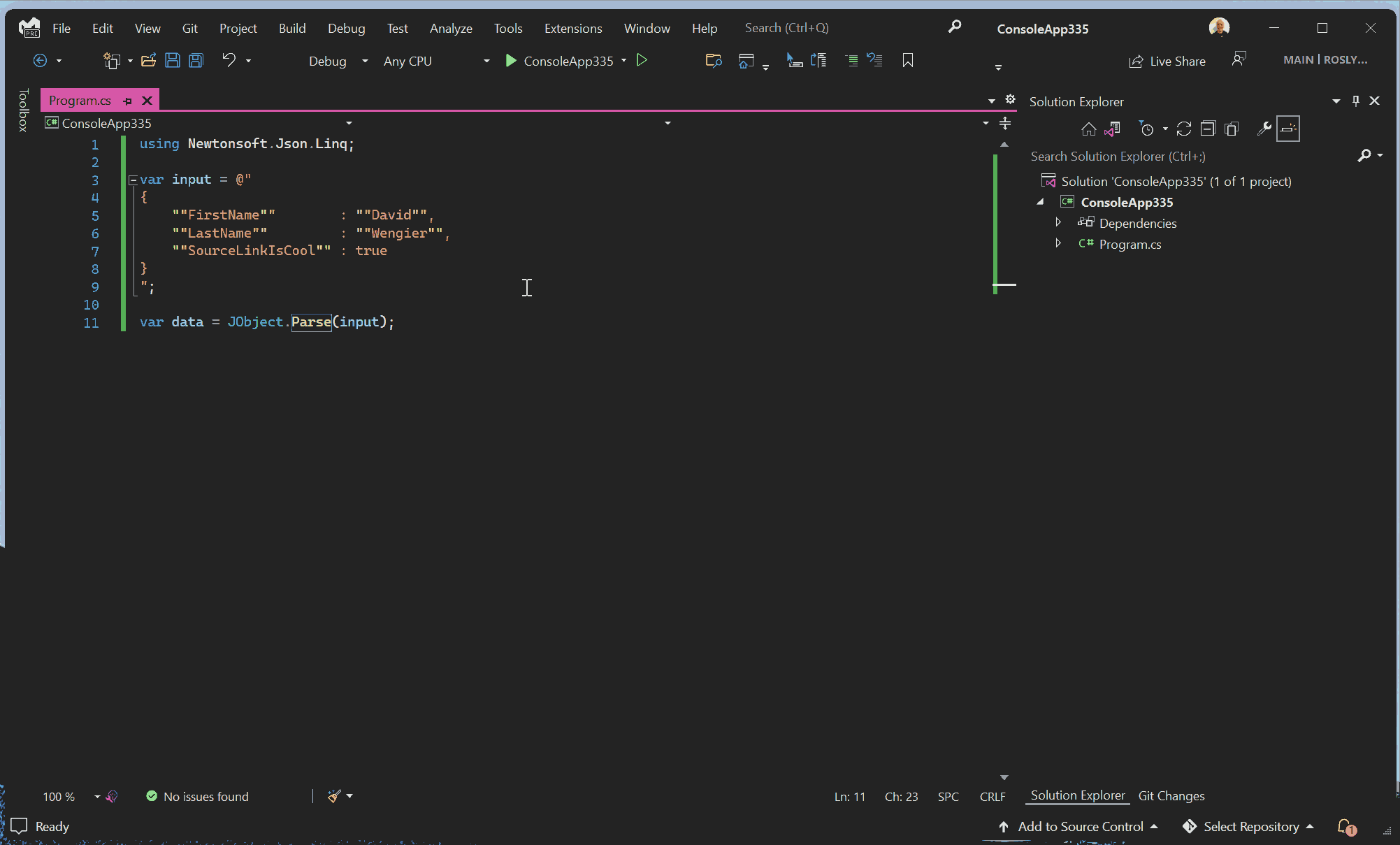Moving image demonstrating the use of Visual Studio's Go to Definition feature to navigate to the original source file