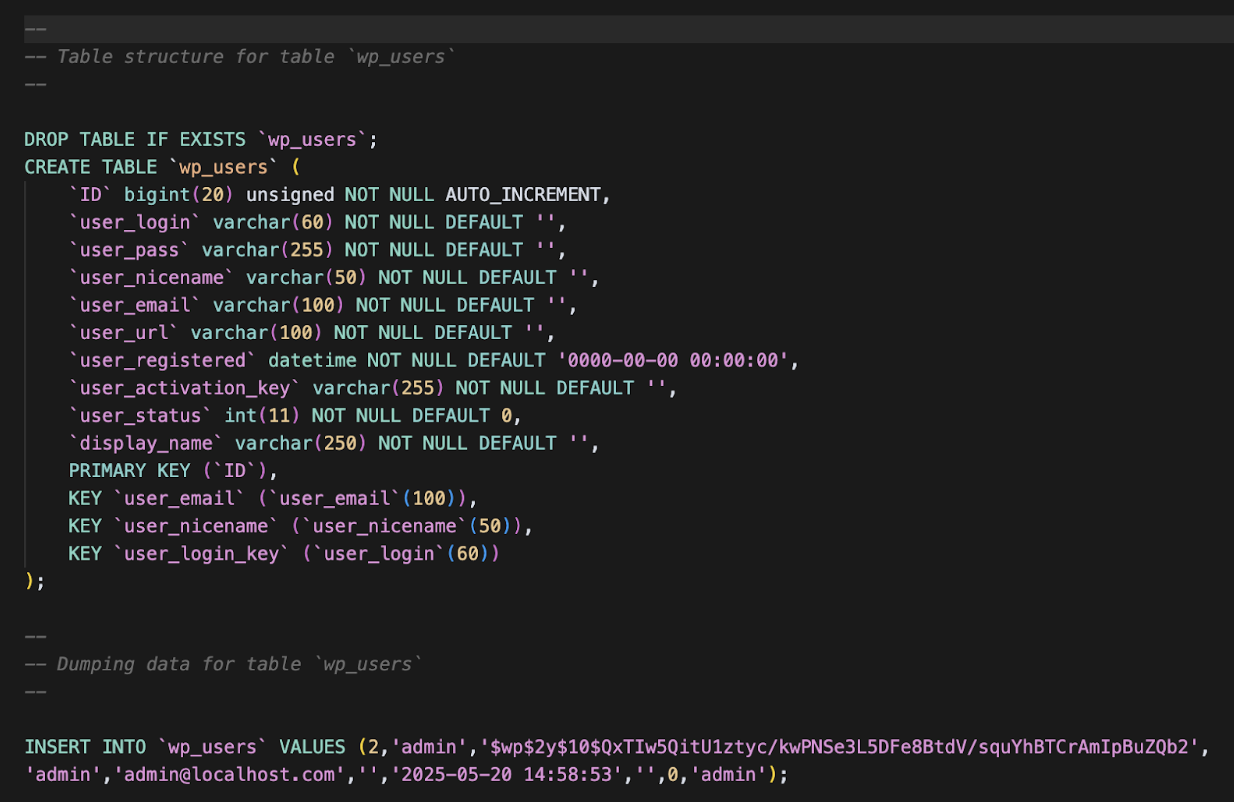 A seção wp_users do arquivo de exportação SQL.