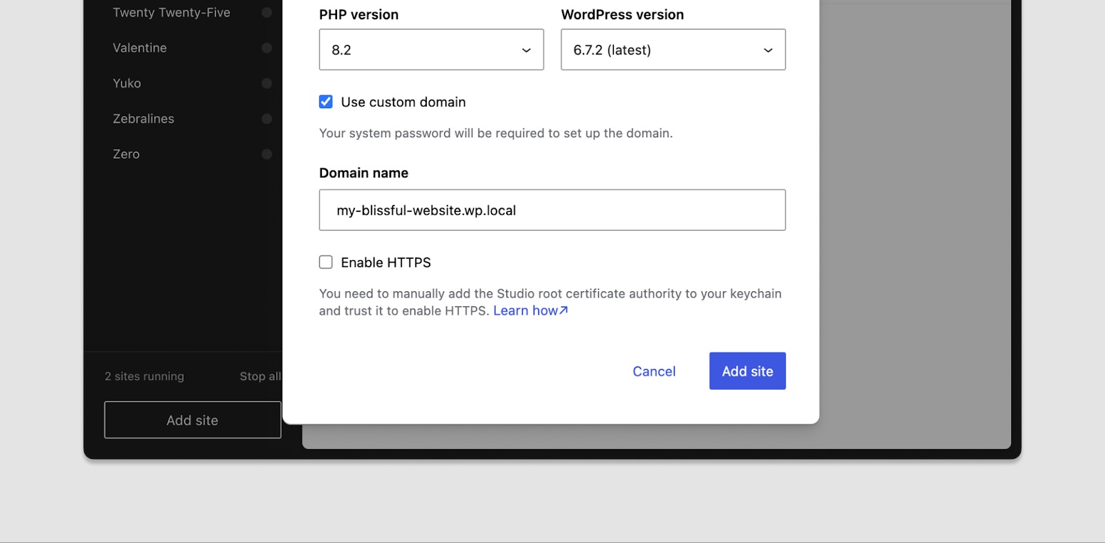 the use custom domain modal window in WordPress Studio