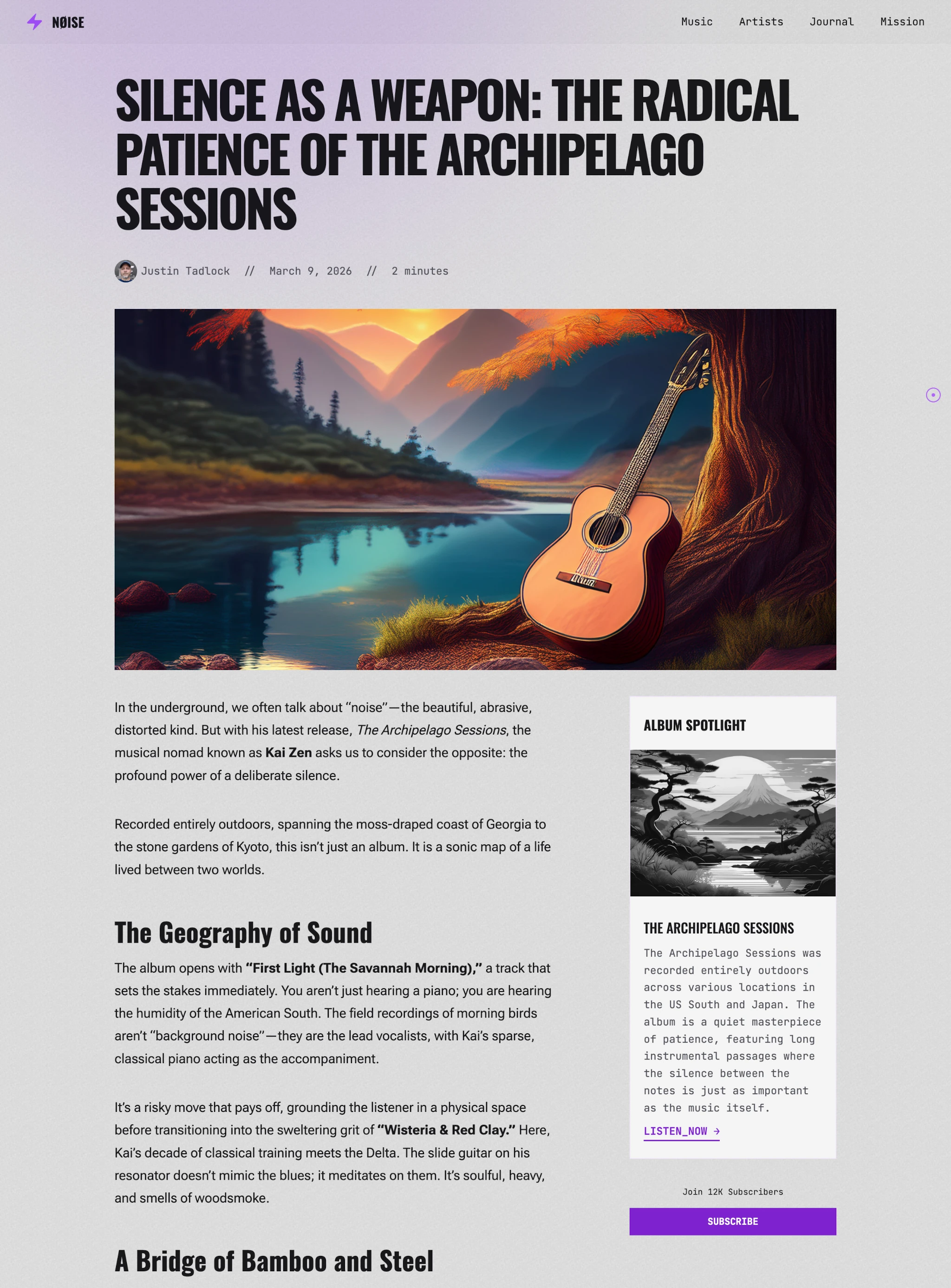 Single blog post view from a music article about an album. It has a title and image that spans in a wide width across the screen, sitting above two columns. Content on the left and a sidebar on the right (showing an album spotlight and a subscription form).