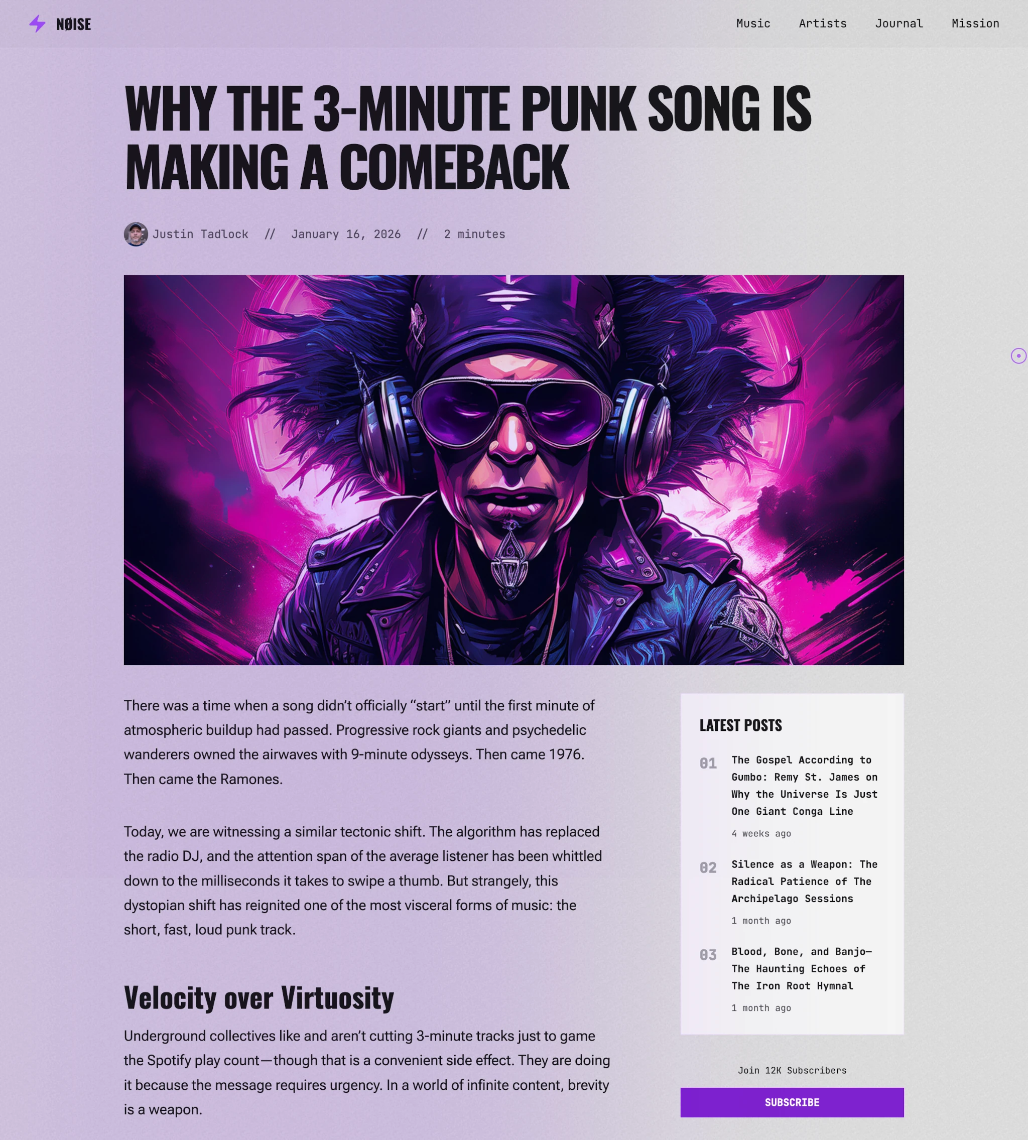 Single blog post view from a music article. It has a title and image that spans in a wide width across the screen, sitting above two columns. Content on the left and a sidebar on the right (showing the latest posts and a subscription form).