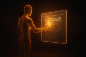 Agentic browsing UAE concept: a glowing translucent AI agent figure made of flowing amber light reaching into a floating browser window in a dark void, cinematic 3D render