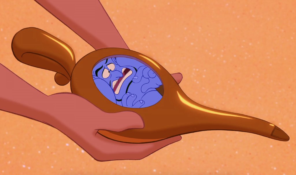 Genie from Disney's Aladdin is cramped inside his lamp