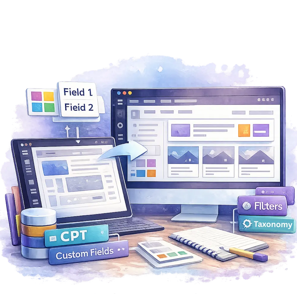 Dynamic Elementor development illustration showing custom fields (ACF), custom post types (CPT), taxonomy filters, and dynamic templates powering WordPress listings.