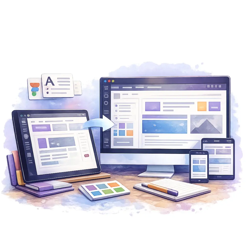 Figma to Elementor conversion illustration showing design-to-build workflow, pixel-perfect WordPress layout build, and responsive Elementor components across devices.