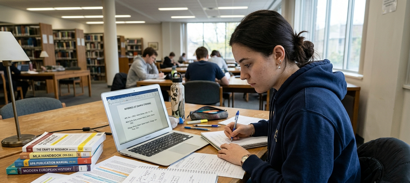 The Complete Beginner’s Guide to APA, MLA, and Chicago Referencing 3 Student studying referencing styles with books, laptop, and notes showing APA, MLA, and Chicago formats