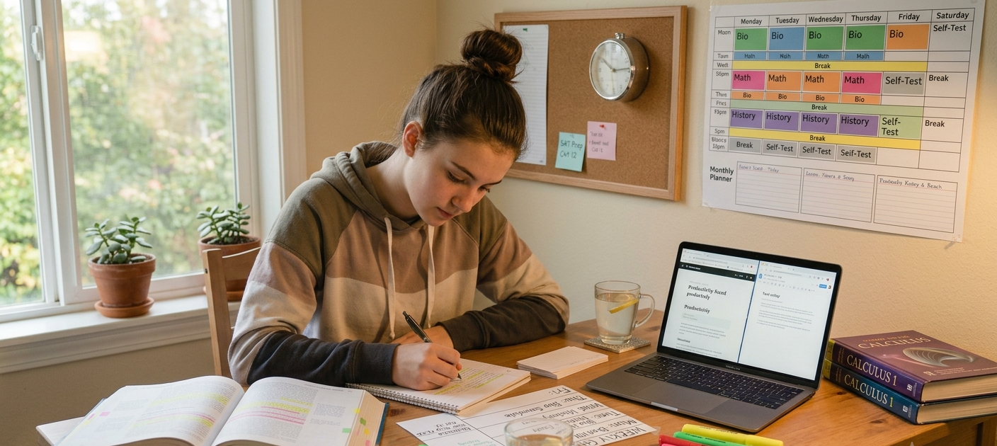 The Best Study Techniques That Help Students Remember What They Learn 3 Focused student studying at an organized desk with books, notes, and laptop in a productive learning environment