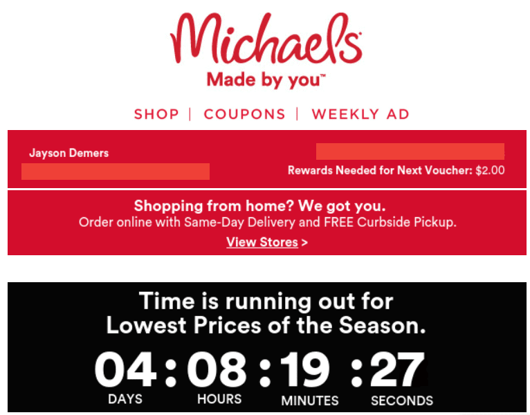 Email countdown timer example showing days, hours, minutes, and seconds