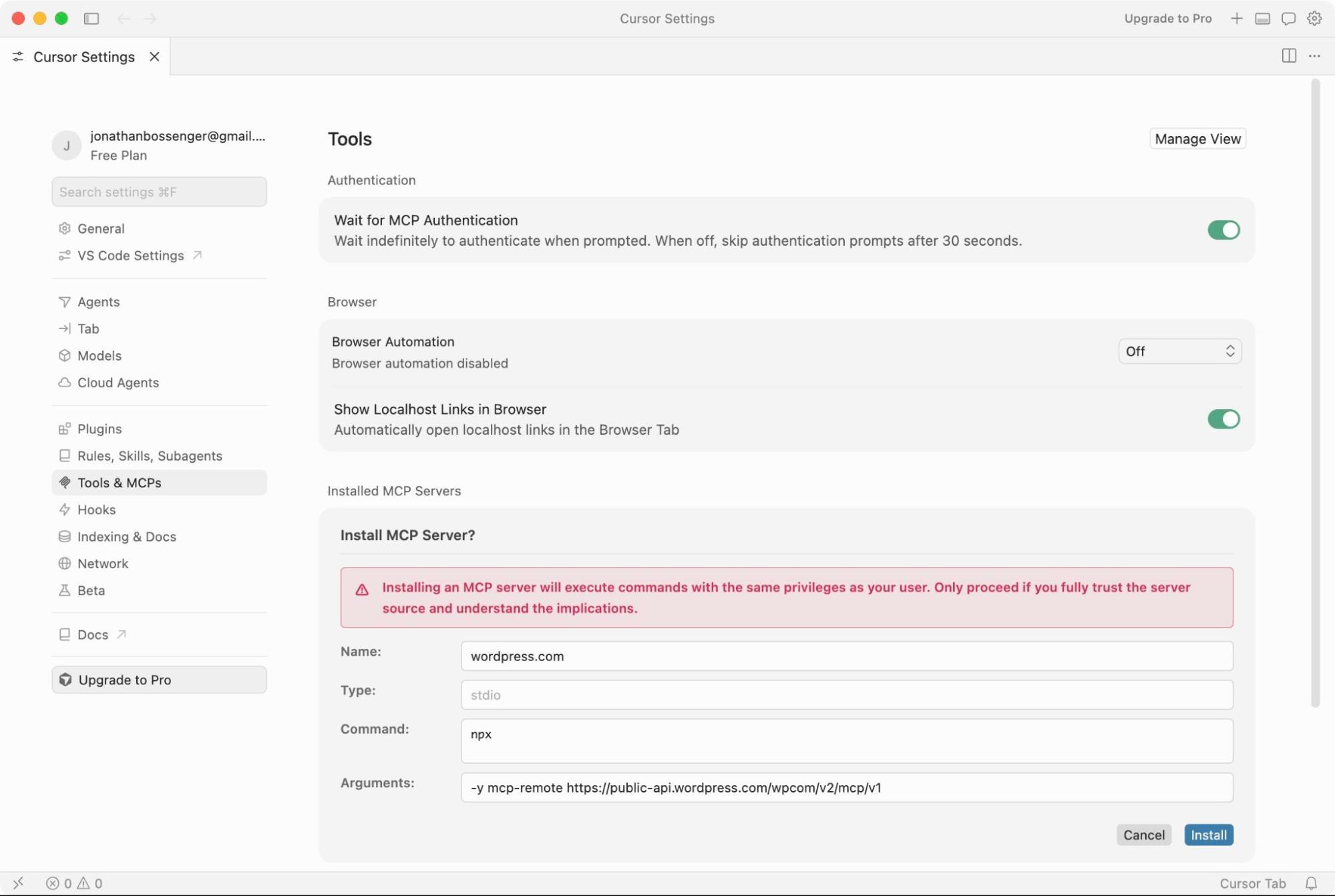 Screenshot of the Cursor settings screen.
