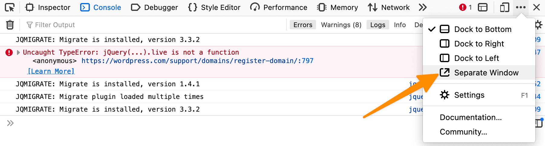 Screenshot showing how to open Firefox JavaScript Console in a separate window.