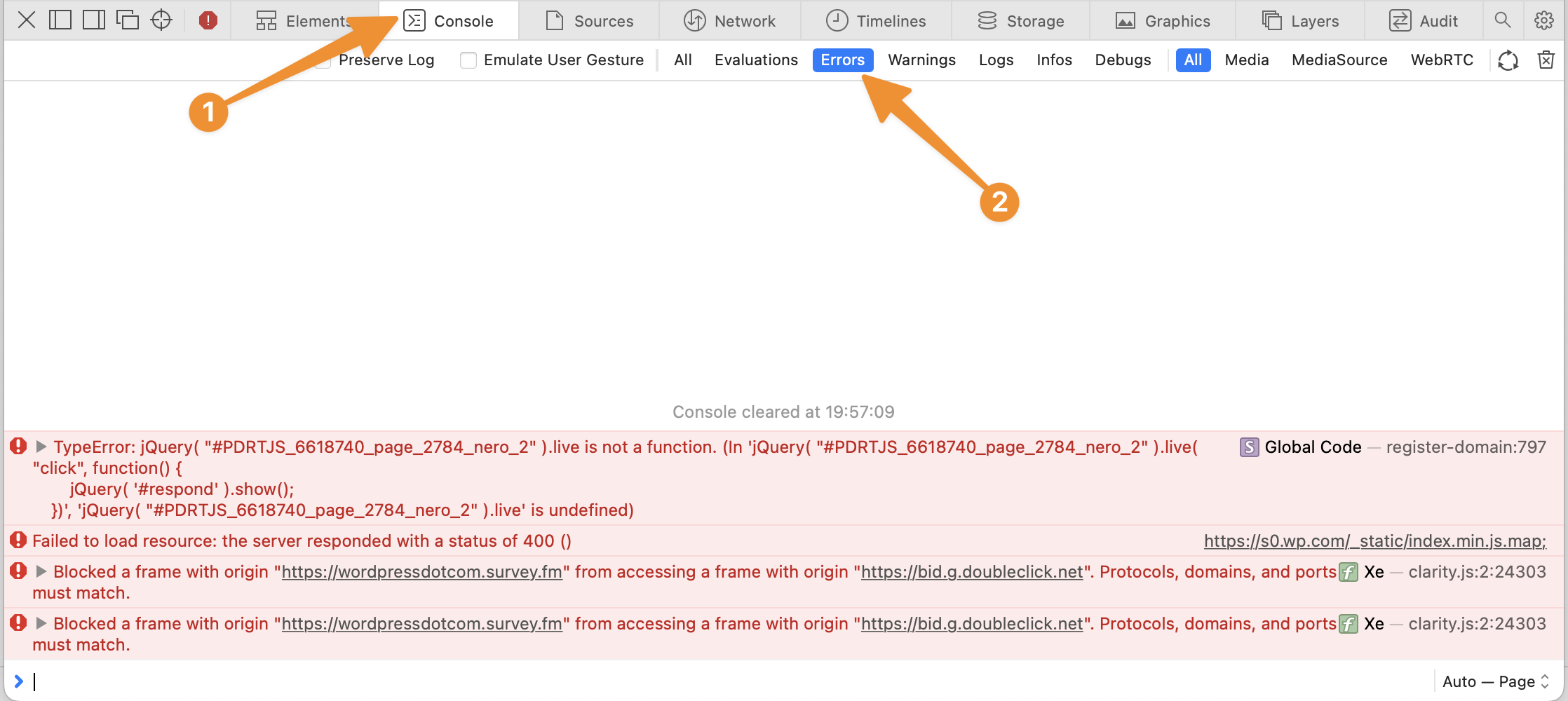 Screenshot showing Javascript Error Console in Safari.