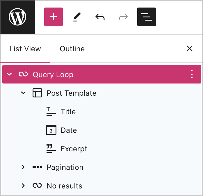 List view expanded to display the different blocks within the Query Loop.