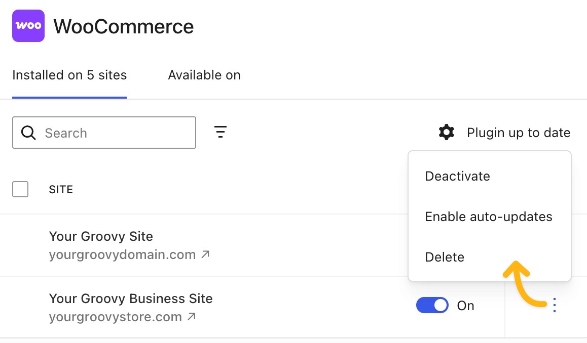 An arrow pointing to the ellipses with the menu open and options for managing the plugin.