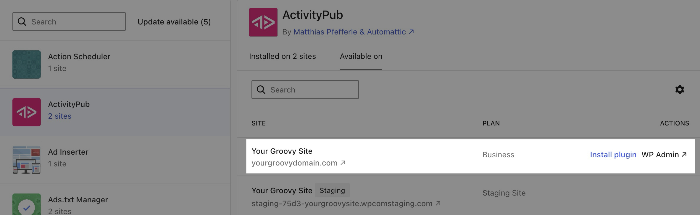 Hovering over a site shows an install plugin link.