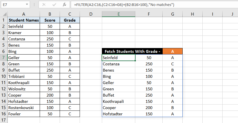 Excel FILTER Function – How To Use 8 students who either have Grade "A" or scores greater than 100