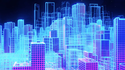 Diagram of outlines of building rendered in 3D space