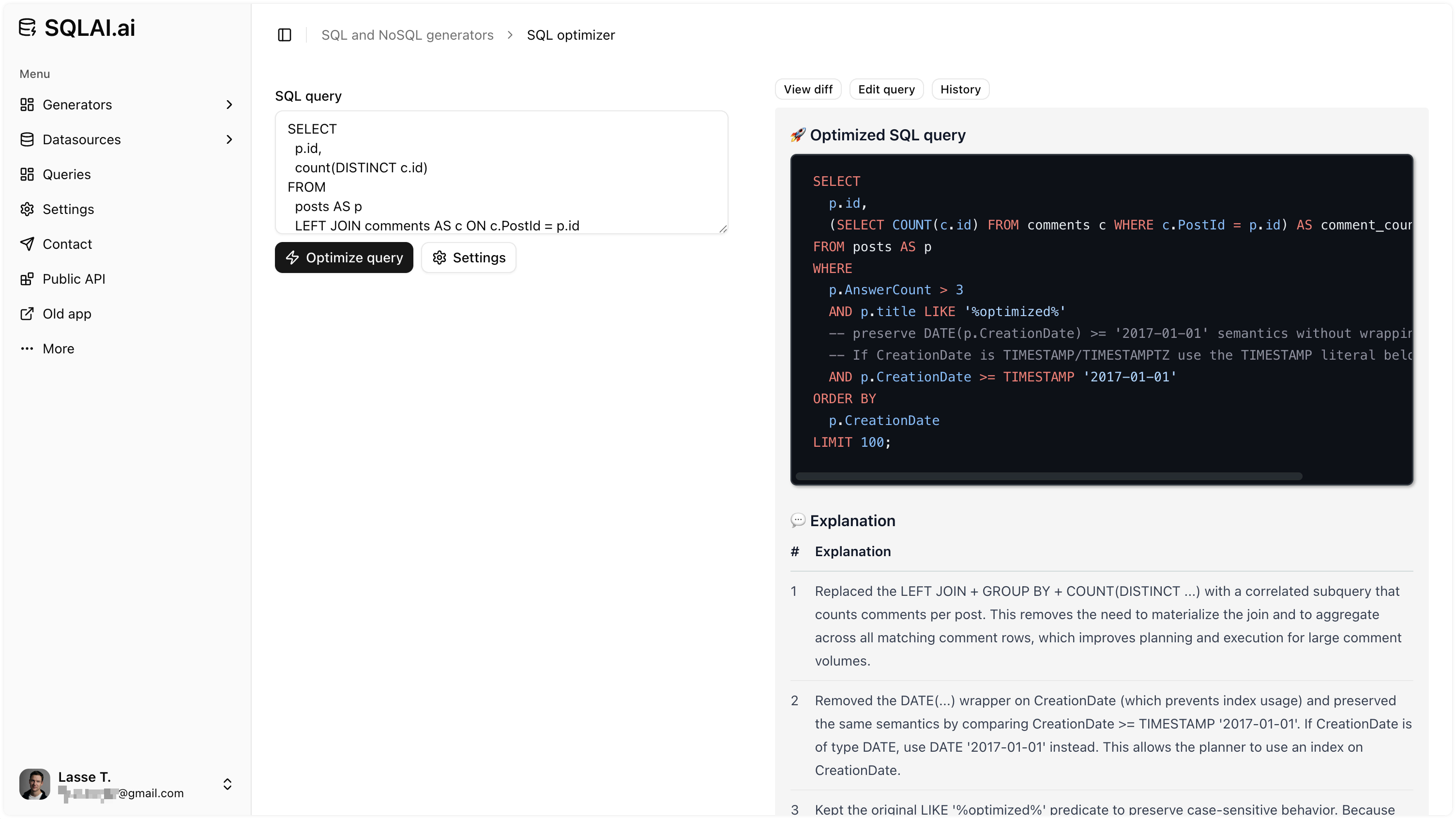 Optimize SQL query with a single click.
