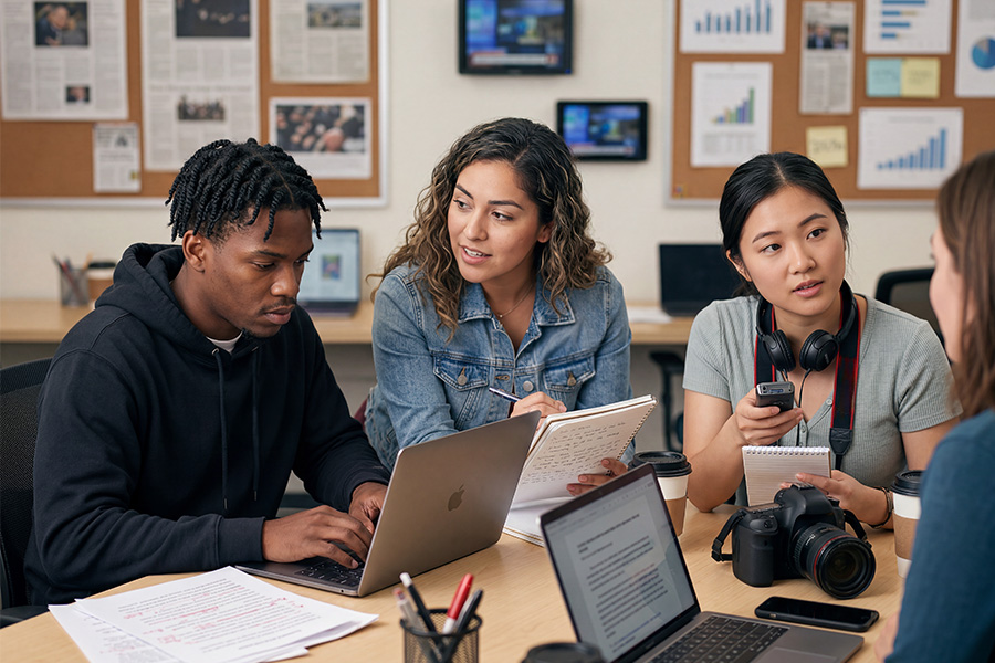 Students discussing and producing journalism work with laptops, notes, and recording equipment.