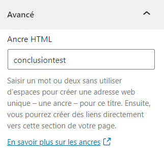 Capture d’écran du réglage avancé de bloc Ancre HTML