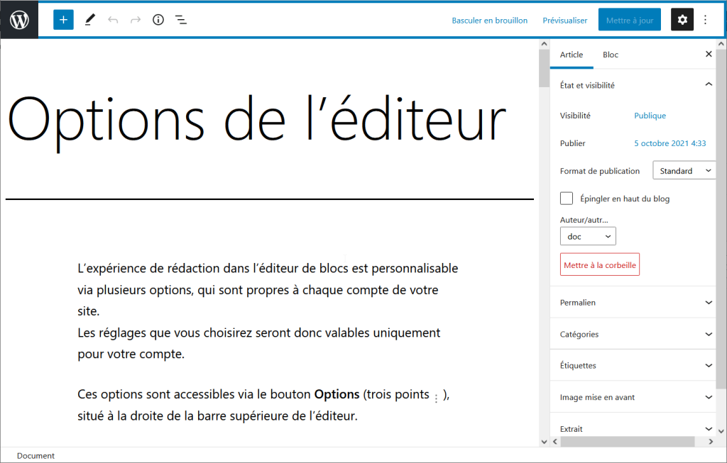 Capture d’écran montrant la barre d’outils supérieure de l’éditeur activée