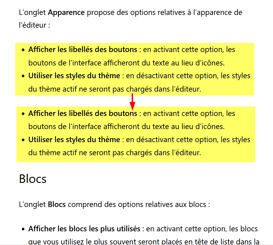 Capture d’écran montrant le bloc dupliqué après utilisation du raccourci pour dupliquer un bloc