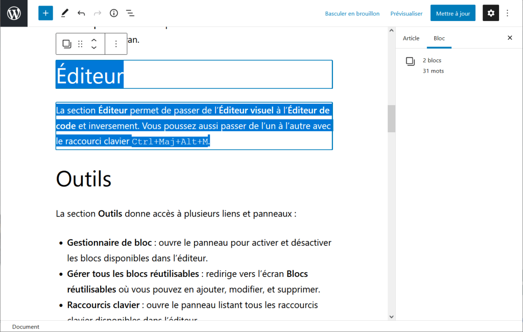 Capture montrant des blocs sélectionnés avant leur déplacement vers le bas