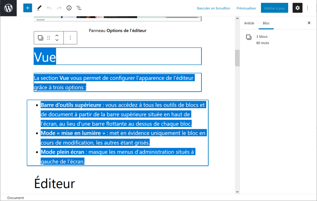 Capture d’écran montrant plusieurs blocs sélectionnés