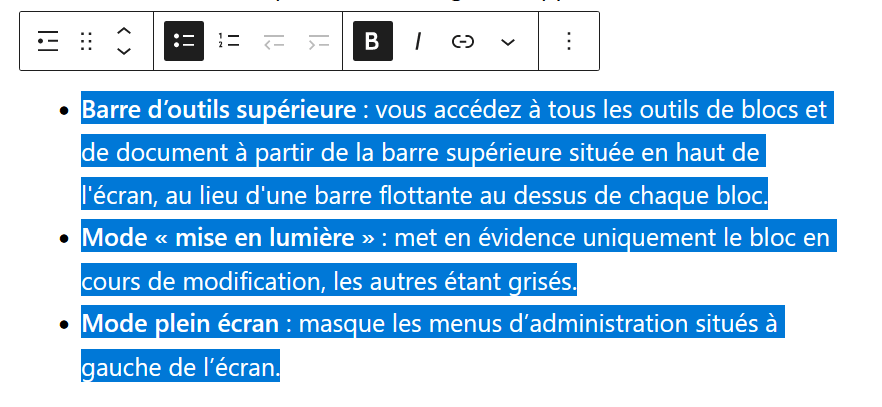 Capture d’écran montrant tout le texte d’un bloc sélectionné