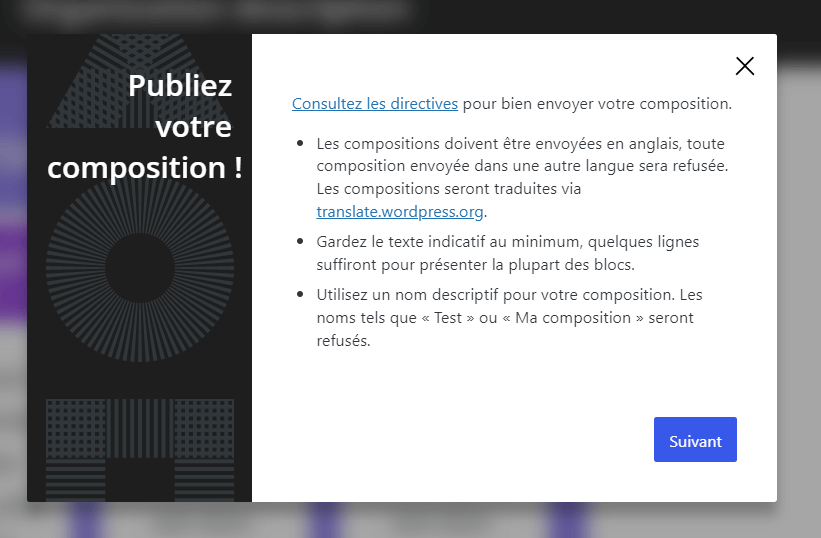 Capture d’écran de la fenêtre modale qui s’affiche lors de l’envoi d’une composition vers le répertoire de compositions
