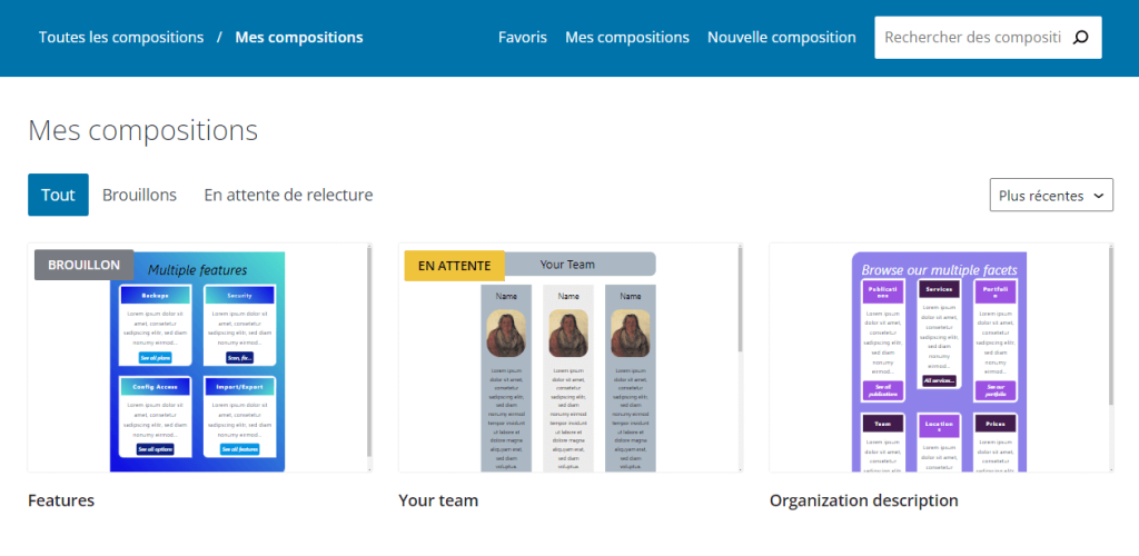 Capture d’écran de la page Mes compositions du répertoire des compositions