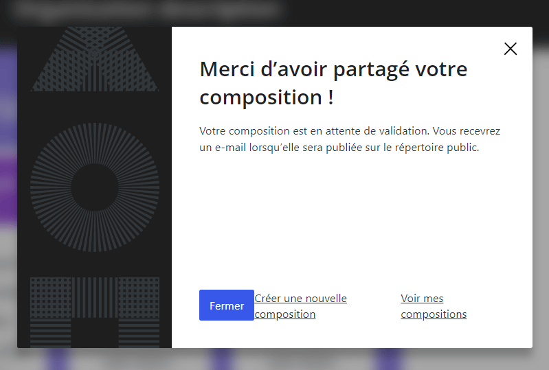 Capture ’écran montrant le message de remerciement lors de l’envoi d’une composition vers le répertoire des compositions