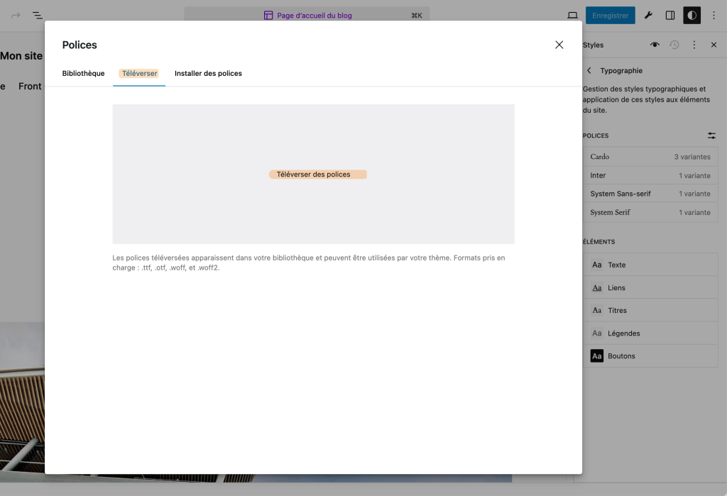 La capture présente la fenêtre modale qui permet de téléverser vos fichiers de polices.