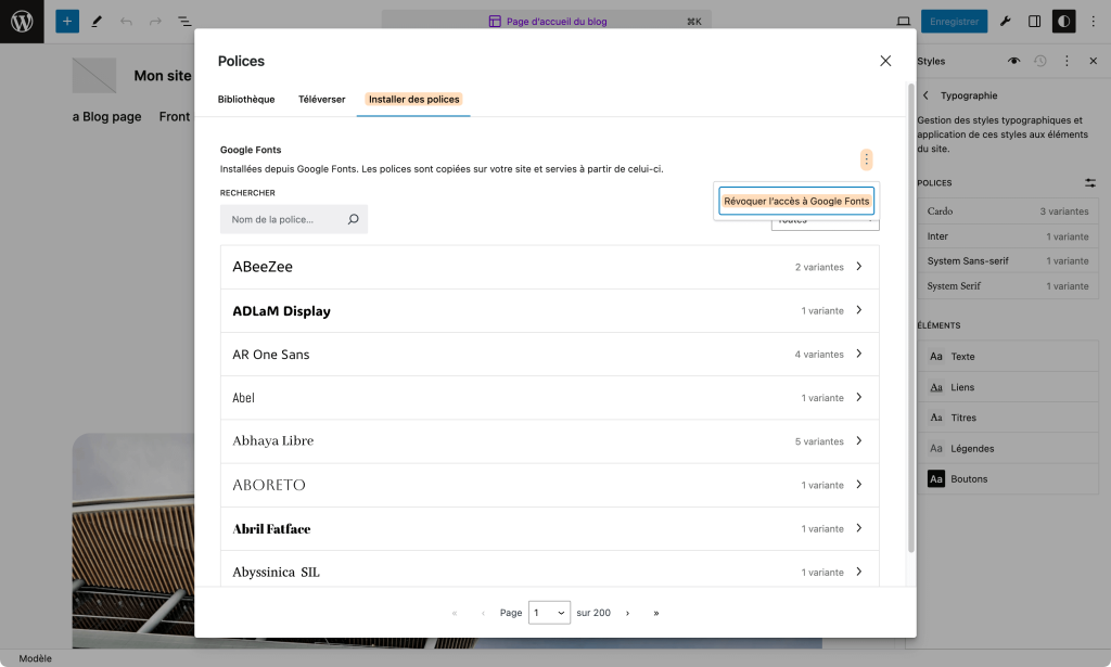 La capture présente la fenêtre modale Installer des polices et l’accès à la commande Révoquer l’accès à Google Fonts.