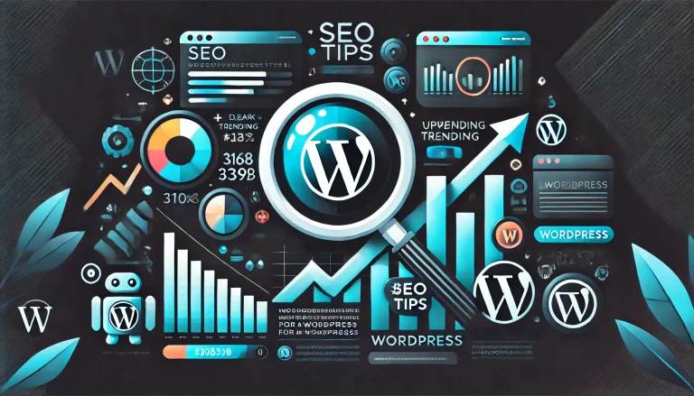 WordPress SEO tips illustration with graphs and icons.