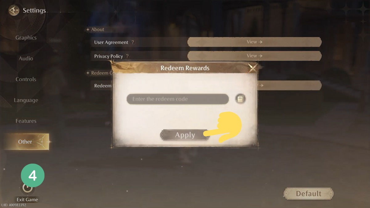 Bước 4: Người chơi nhập chính xác code Infinity Nikki vào ô trống, sau đó nhấn Apply để xác nhận