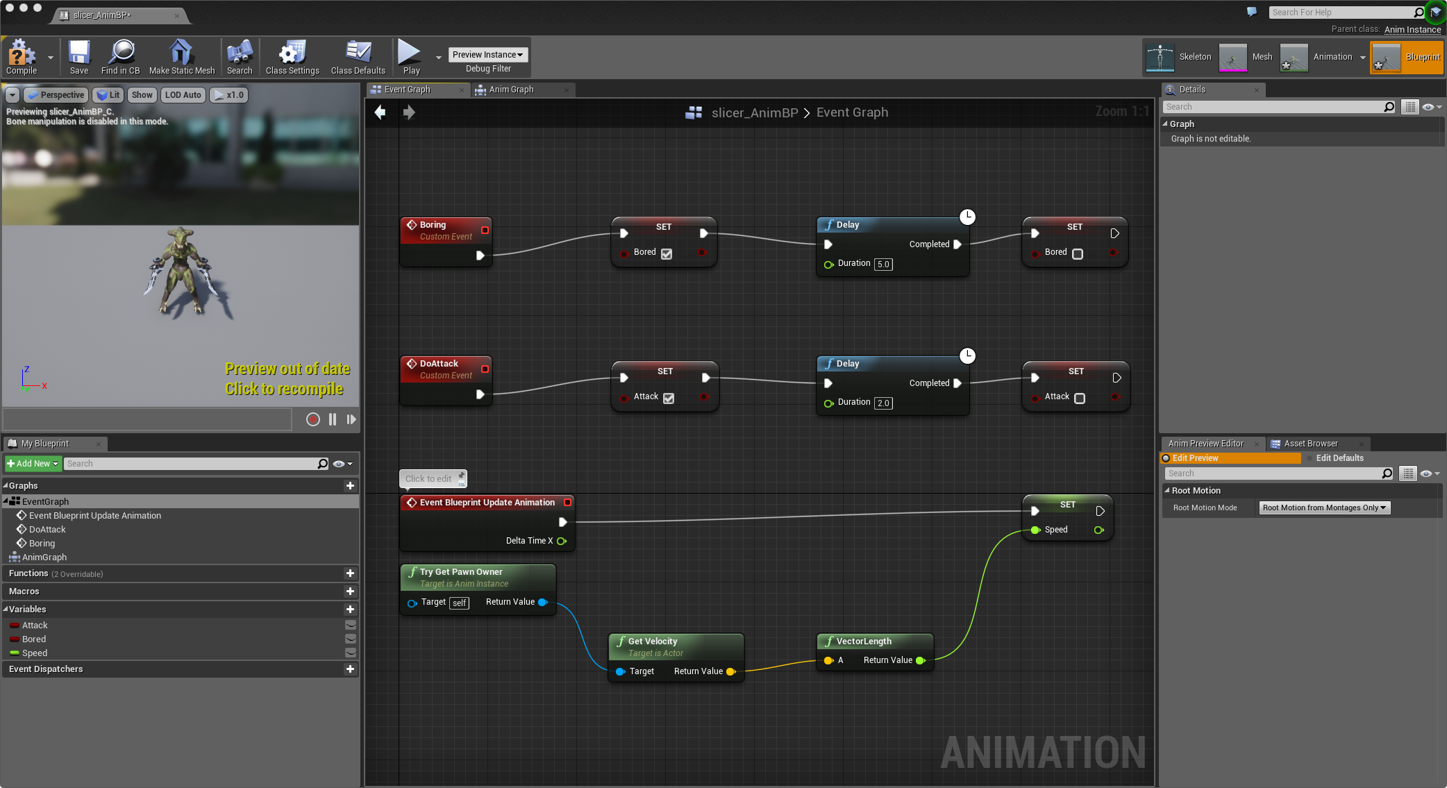 The Kaiju Animation Blueprint Event Graph