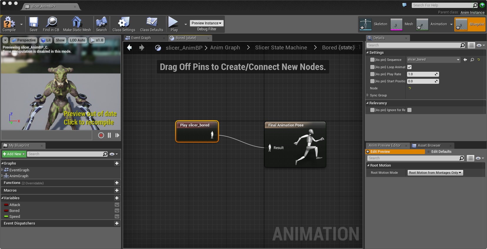 The Kaiju Animation Blueprint State Bored
