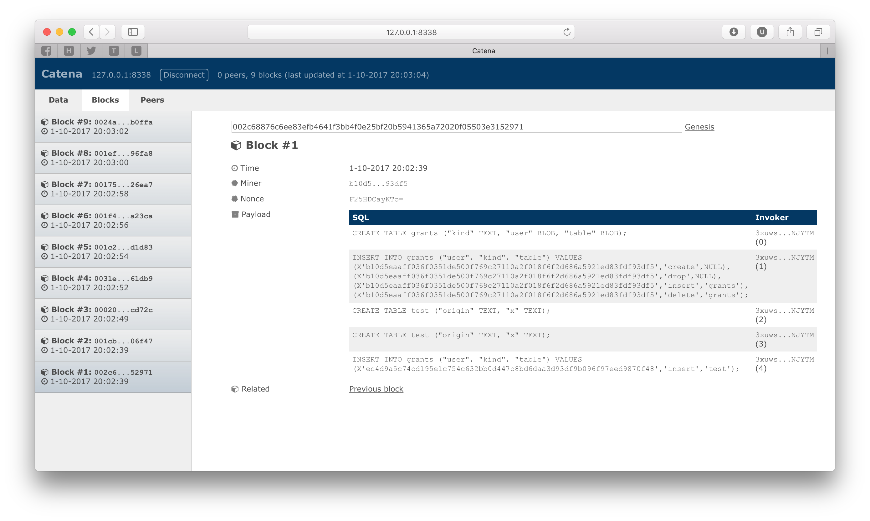 Web client showing blocks